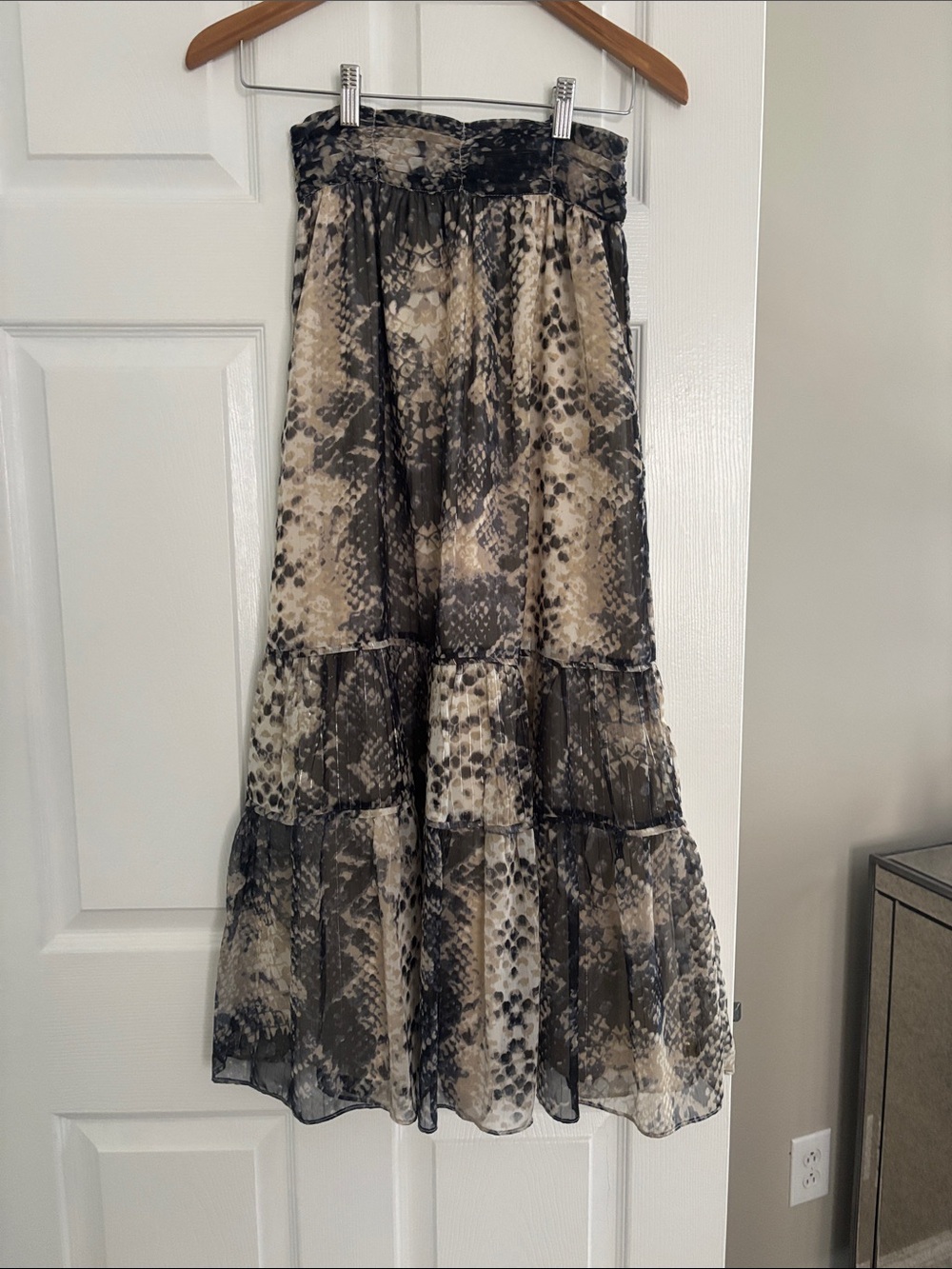 Walter Baker Beige and Black Snake-Print Tiered Maxi Skirt